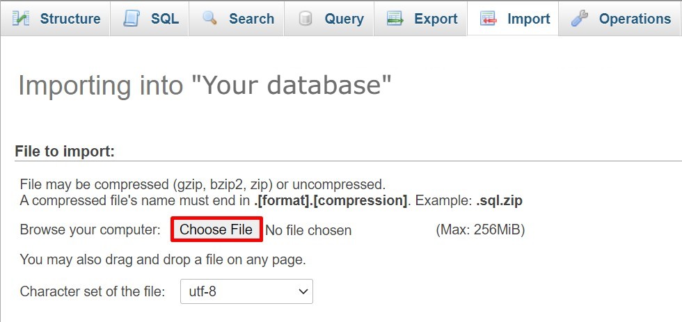Import database via phpMyAdmin