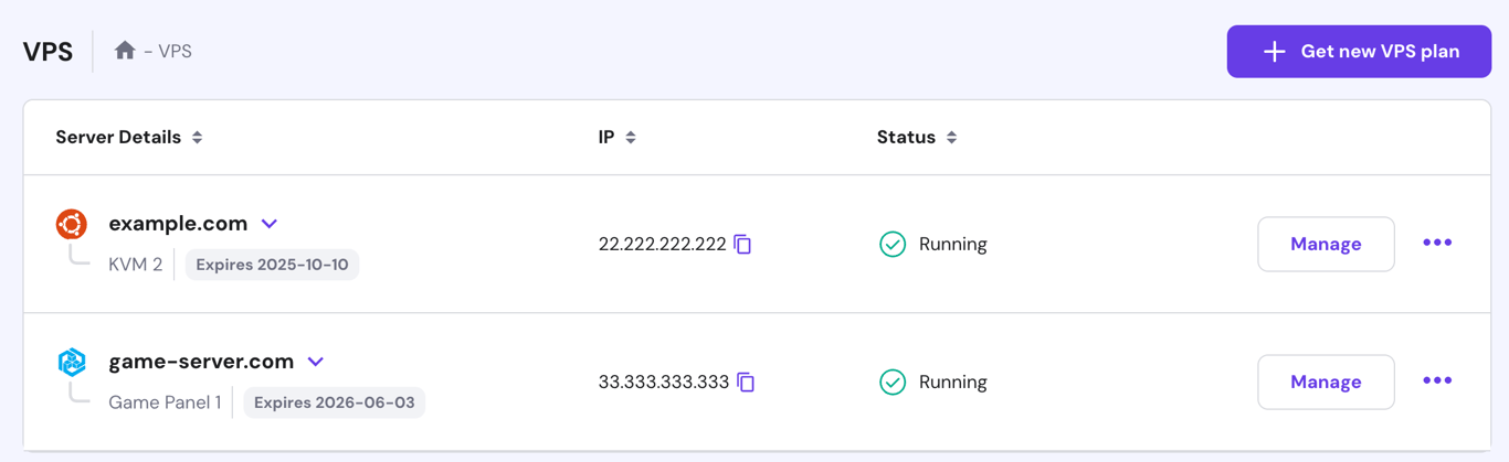 VPS list on hPanel