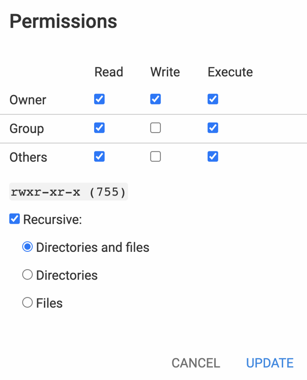 The Permissions window on the File Manager