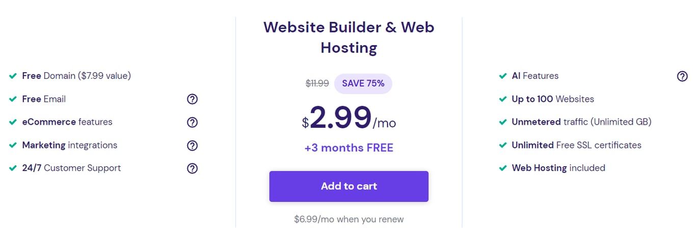 Hostinger Website Builder plan pricing and features
