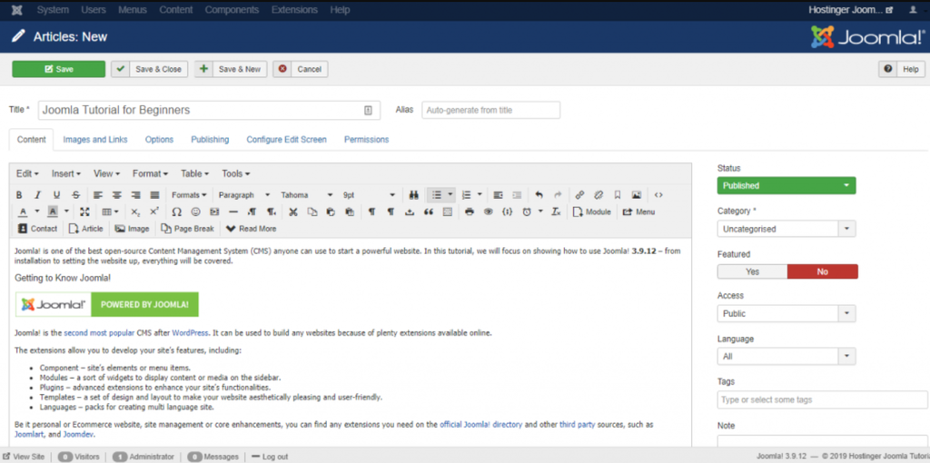 The article drafting menu of Joomla