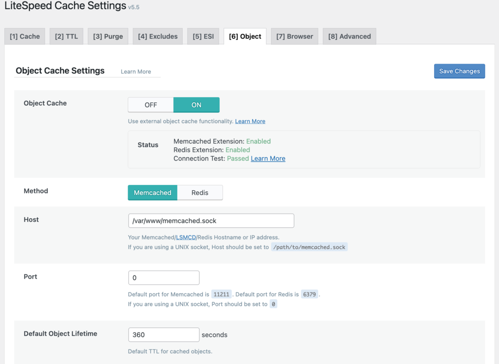 LiteSpeed Cache plugin settings in the WordPress dashboard