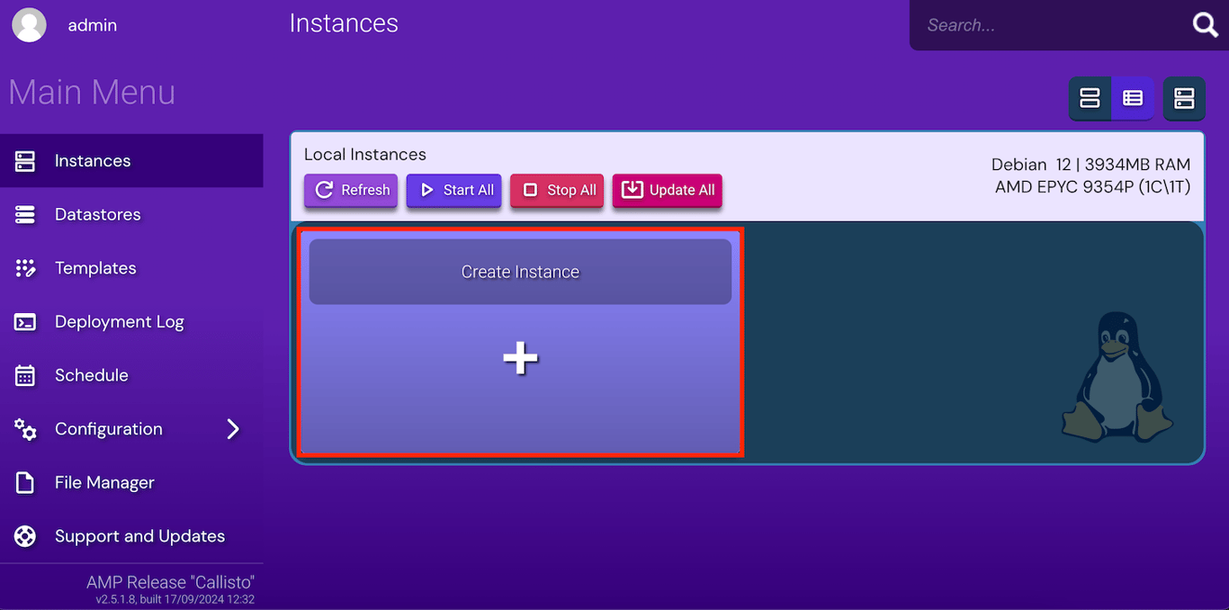 The instance creation button on Hostinger Game Panel