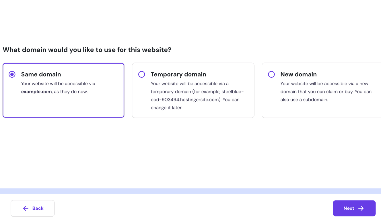 Choosing a domain name to use for the migrated site in hPanel