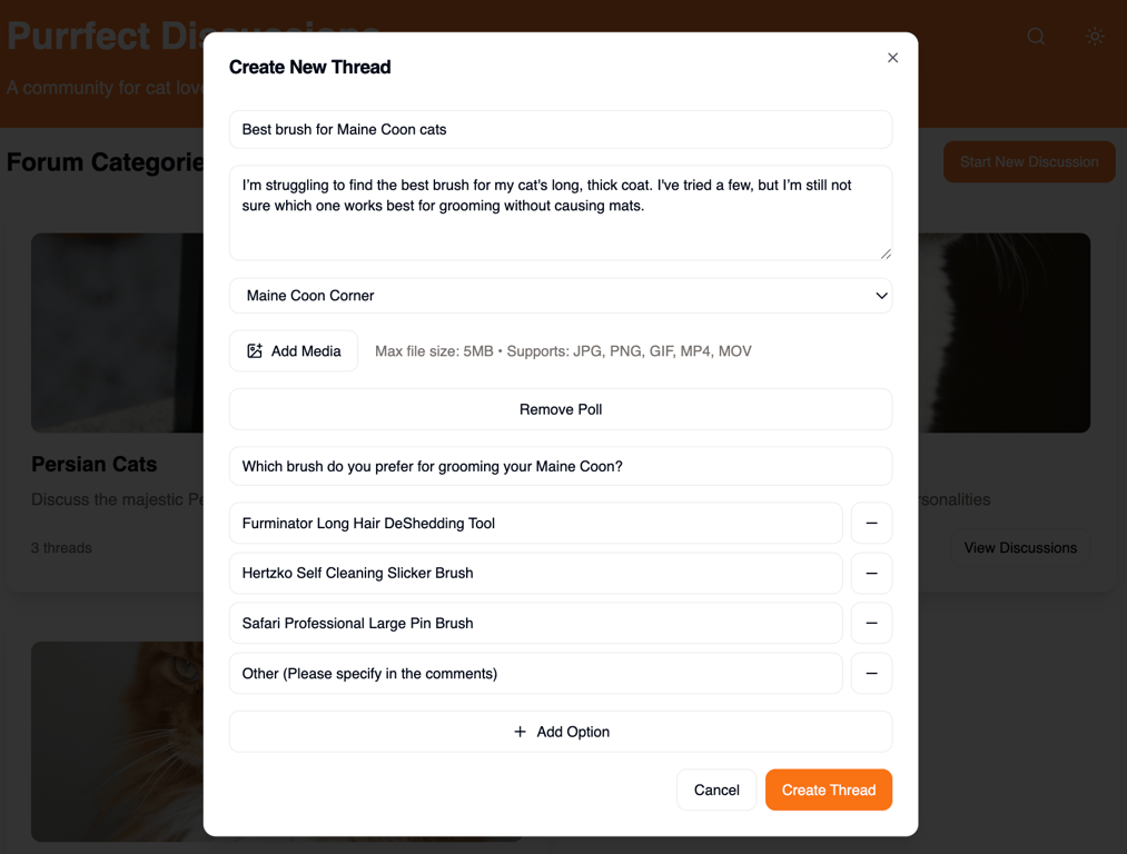 Adding a new poll when creating a thread in my community web app