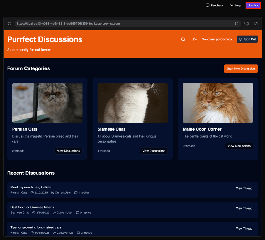 The Publish button in Hostinger Horizons