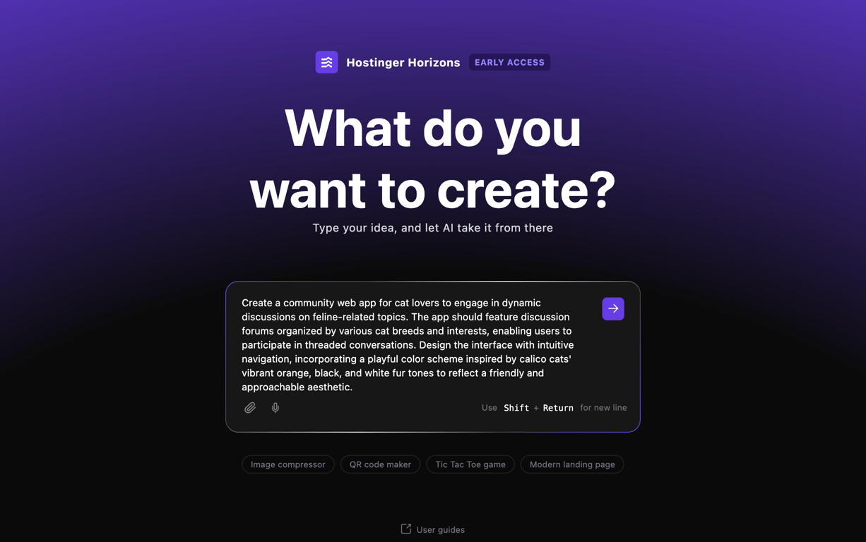 The Hostinger Horizons startup screen