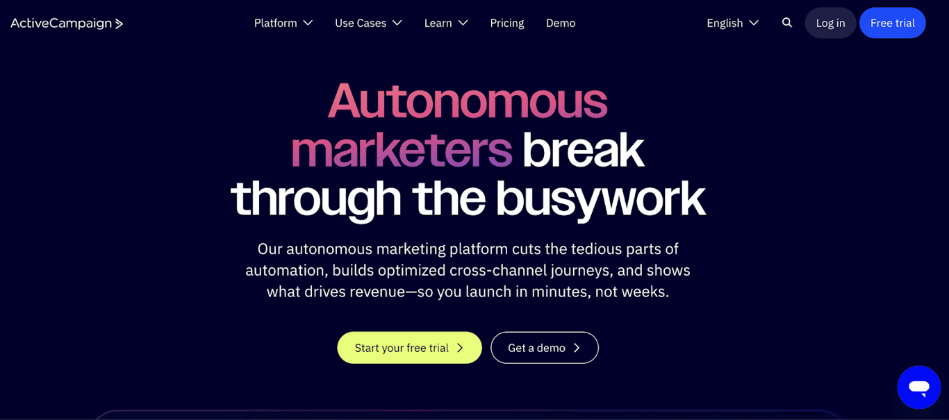 Homepage of ActiveCampaign
