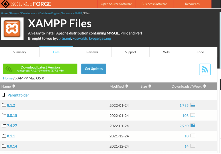 Página SourceForge para encontrar la versión de XAMPP según el sistema operativo
