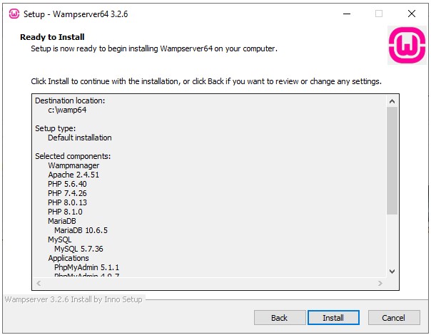 Ventana para empezar la instalación de WampServer