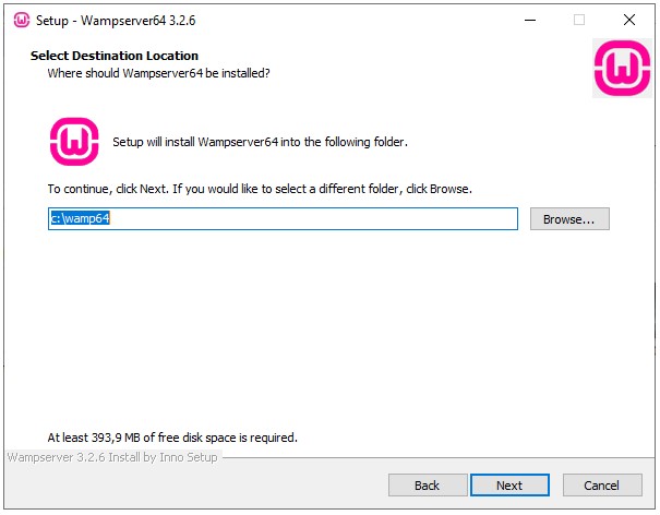 Ventana para elegir el destino o carpeta donde se guardará WampServer