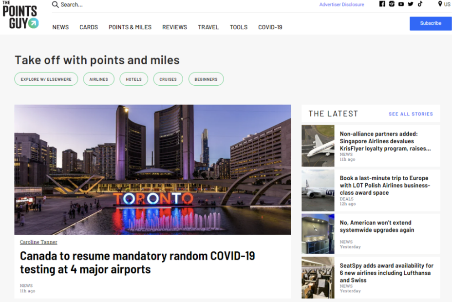Sitio web de marketing de afiliados The Points Guy