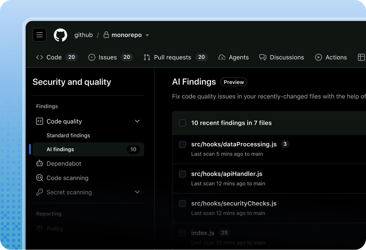 GitHub repository security page showing AI findings for code quality issues across recently changed files.