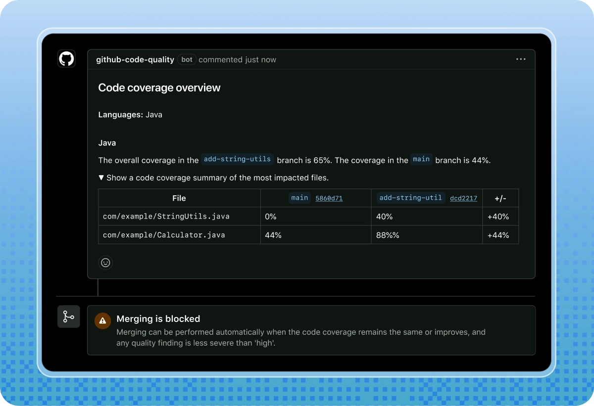 GitHub code quality bot showing improved Java code coverage and a blocked merge.