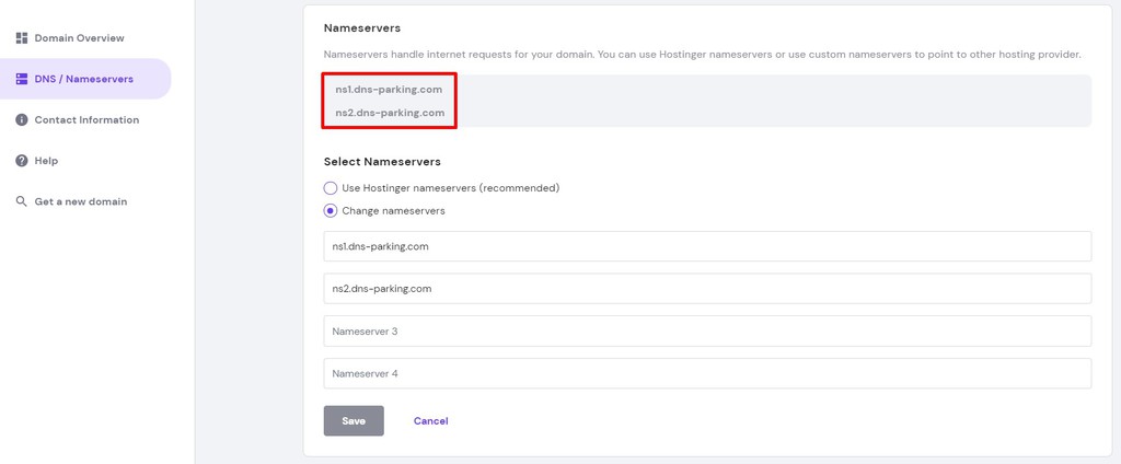 Change nameservers via hPanel